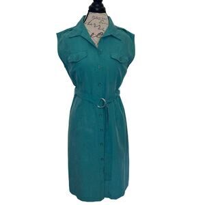 Vintage R&K Originals Women's sz 10P Button Down Shift Dress Turquoise Sash 90s